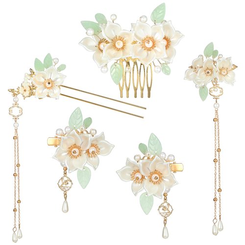 Amabro Chinese Hanfu Flower Hairpin Set, 5 PCS Floral Retro Chinese Tassel Headpiece Traditional Chinese Hanfu Brides Hair Accessories for Hairstyle Daily Wear Party Banquets Dating Weddings(Camellia)