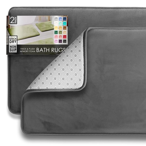 Clara Clark 2 Piece Bathroom Rugs Bath Mat Set, Velvet Memory Foam Bath Mats for Bathroom - Non-Slip, PVC Backing Bath Rugs, Washable Bathroom Rug Mats - Dries Quickly, Bathroom Rug Set - Grey