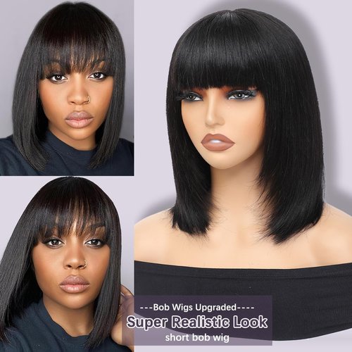 12 Inch Straight Bob Wig with Bangs Human Hair Ready to Go Glueless Wigs 2.5x1 Closure HD Lace Layered Cut Wig Bob Short Wigs with Bangs Minimalism for Women 180% Density