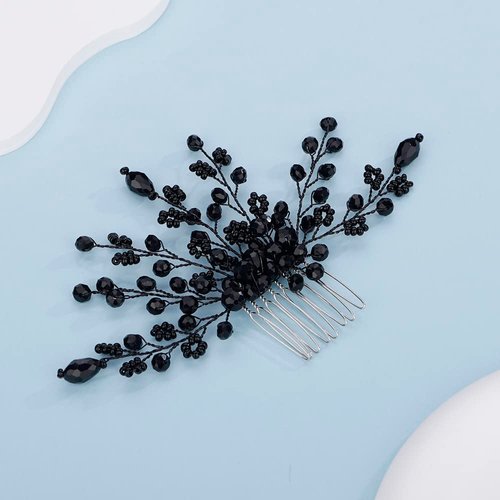 Teyglen Rhinestone Wedding Hair Comb Bridal Black Crystal Hair Side Comb Handmade Black Beads Hair Piece Vintage Headpiece Hair Accessories for Women Girls Party Prom Festival