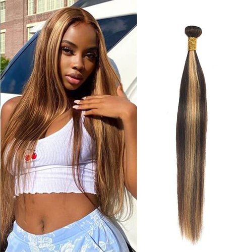 Muaowig P4/27 Straight Human Hair Bundles Highlight Brazilian Remy Hair Extensions 1 Bundles Brown And Honey Blonde Hair Bundles Hair Weaves For Women 28 Inch