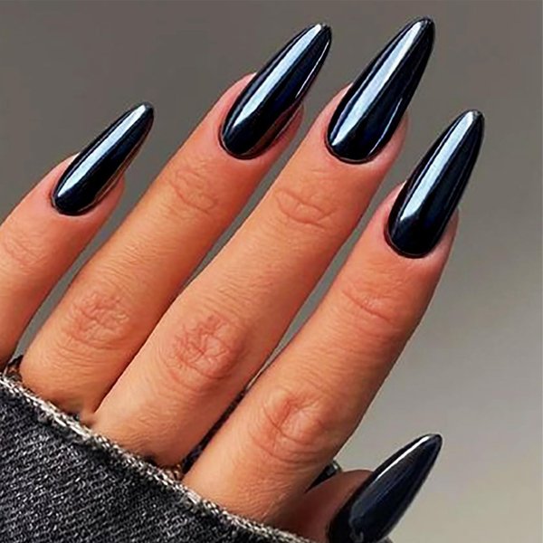 Black Chrome Press on Nails Medium Almond, Stiletto Fake Nails with Bling Design, Glossy Mirror Metal Acrylic False Nails Stick on Nails for Women Girls, Gel Glue on Nails for Daily Party Wear