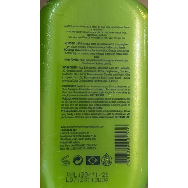 Hair Mask Aloe Vera + Olive Oil Hair Treatment 250 ml- Gold Spell Cosméticos - imported from Brazil