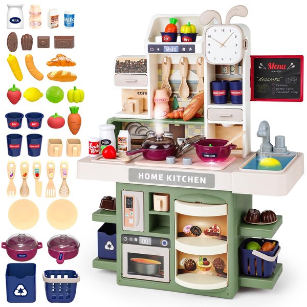 deAO Kitchen Playset Toy with Realistic Steam and Lights, Role Playing Game Pretend Food and Cooking Playset,37 PCS Mini Kitchen Accessories Set for 3 4 5 Years Old Girls Boys (Blue)