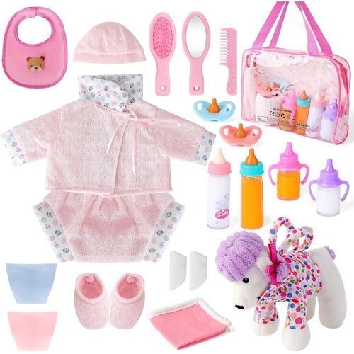 deAO Baby Doll Accessories Bag,20PCS Baby Feeding Accessories,Clothes,Doll Dog,Soother Dummy - Pretend Play Set for Birthday Gift Christmas(Doll Not Included)