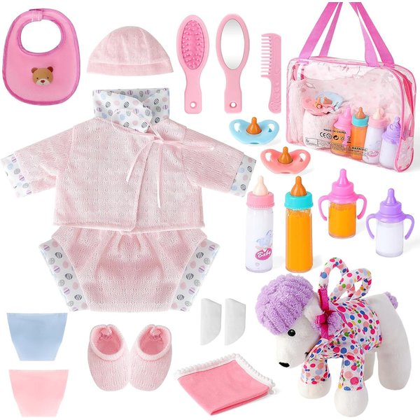 deAO Baby Doll Accessories Bag,20PCS Baby Feeding Accessories,Clothes,Doll Dog,Soother Dummy - Pretend Play Set for Birthday Gift Christmas(Doll Not Included)