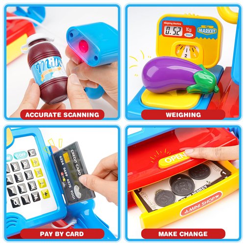 Cash Register Toy for Kids with Real Calculator, Cashier Register with Scanner/Weighter/Credit Card/ Play Money/ Food/Microphone, Pretend Play Store with Apron and Shoping Bag for Kids 4-8