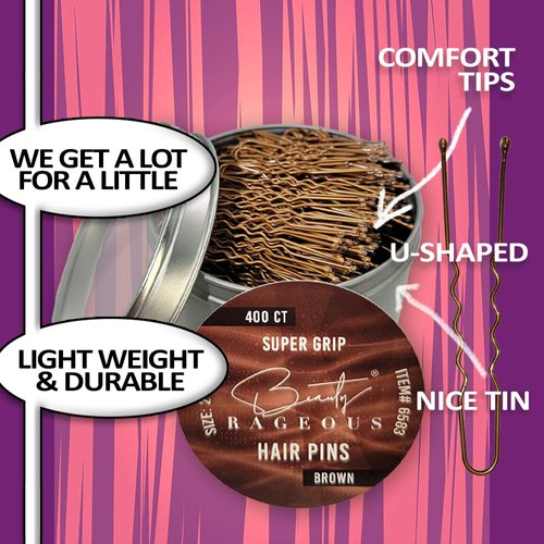 Super Grip U-Shaped Hair Pins - 400 Ct Approx - Handy Reusable Tin (Brown)