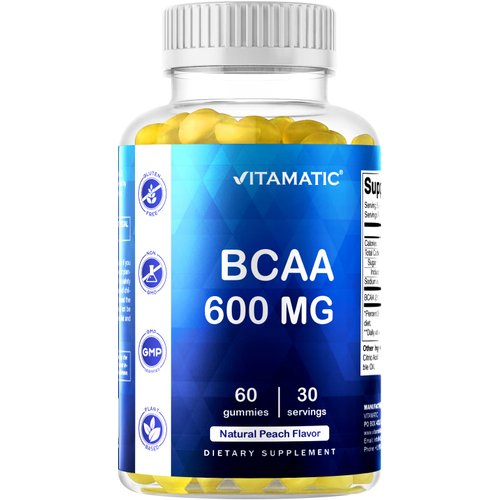 Vitamatic BCAA Gummies - Branch Chain Amino Acid Supplements - Peach Flavor - 600mg per Serving - 60 Vegan Pectin Based Gummies (1 Bottle)