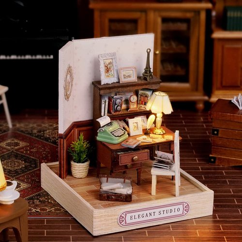 TuKIIE DIY Miniature Dollhouse Kit with Furniture, 1:24 Scale Creative Room Mini Wooden Christmas Doll House Plus Dust Proof for Kids Teens Adults(Elegant Studio)