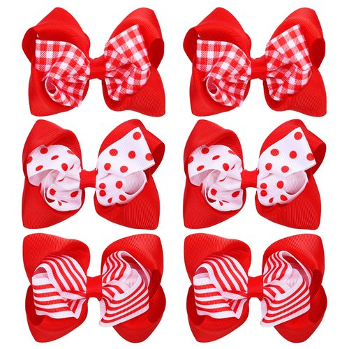 Whaline 6Pcs Red White Christmas Hair Bow Clips Red Plaid Stripe Dot Hair Barrettes Grosgrain Ribbon Alligator Clips for School Hair Accessories Xmas Party, 3 Styles