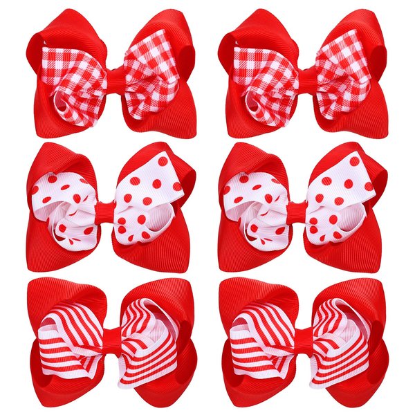 Whaline 6Pcs Red White Christmas Hair Bow Clips Red Plaid Stripe Dot Hair Barrettes Grosgrain Ribbon Alligator Clips for School Hair Accessories Xmas Party, 3 Styles