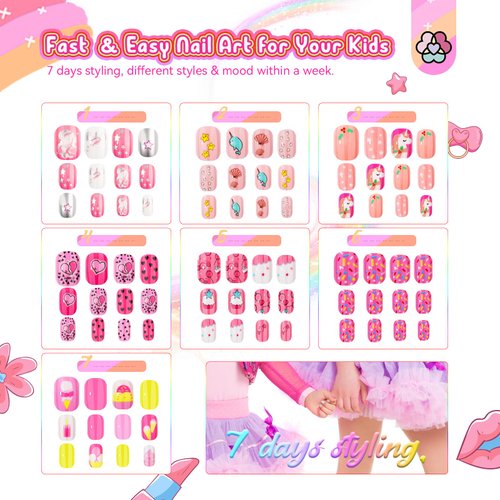 SAVILAND Press on Nails for Kids 168PCS: Kids Press on Nails for Girls Colorful Patterns Kids Fake Nails Strong Adhesion Short Square False Nails Acrylic Nails Nail Art Gifts 8-12 Years Old Manicure