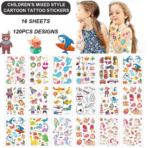 Temporary Tattoo for Kids, Waterproof Body Art Stickers, 120pcs Fake Tattoos Pattern, Mixed Style Cute Cartoon Tattoo Decorations, Birthday Party Favor Supplies for Boys Girls Children Toddler Teens