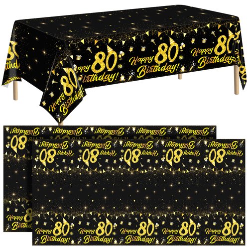 durony 2 Pack 80th Birthday Tablecloth Table Cover Plastic Black Gold Happy Tablecloth Waterproof Rectangular Table Cloth Cover for Indoor or Outdoor Parties Birthday