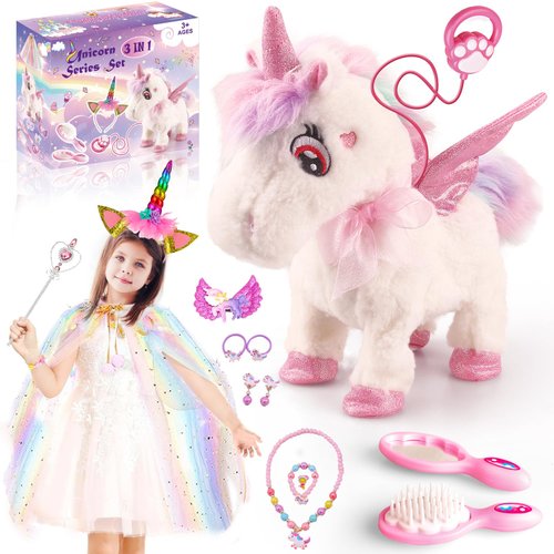 Dollox Electronic Unicorn Pets Toys for Girls Age 3-6, Interactive Walking Talking Unicorn Plush Horse with Remote Control, Toddler Unicorn Pretend Play Toy with Dress-Up Jewelry Set Kid Birthday Gift