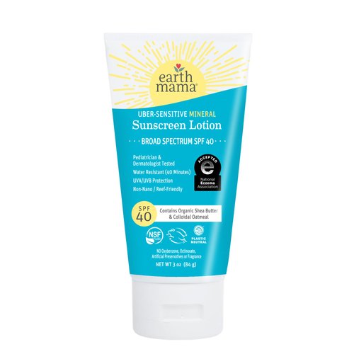 Earth Mama Uber-Sensitive Mineral Sunscreen Lotion SPF 40 | Reef Safe, Non-Nano Zinc, Contains Organic Colloidal Oatmeal | Steroid-Free Eczema Cream for Baby, Kid & Family, 3-Ounce