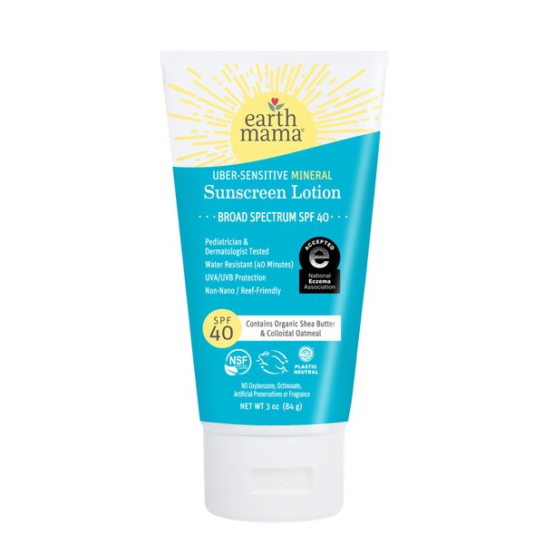 Earth Mama Uber-Sensitive Mineral Sunscreen Lotion SPF 40 | Reef Safe, Non-Nano Zinc, Contains Organic Colloidal Oatmeal | Steroid-Free Eczema Cream for Baby, Kid & Family, 3-Ounce