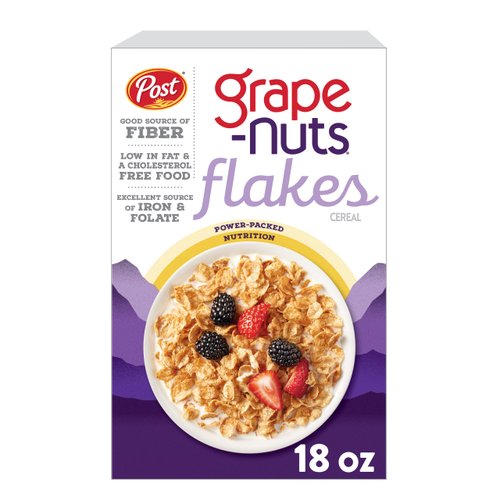 Post Grape Nuts Flakes Breakfast Cereal, Crispy Whole Wheat and Barley Cereal, Great for Yogurts, Parfaits, and Homemade Snacks, 18 OZ Box