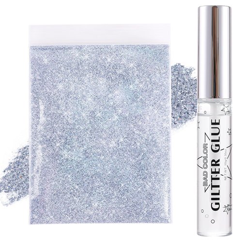 BADCOLOR Silver Body Glitters with Quick Dry Glue Kit, Holographic Shimmer Sequins for Face, Hair...