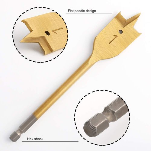 COMOWARE Spade Drill Bit Set- Paddle Flat Bits, Hole Cutter, Titanium Coating, Carbon Steel, Woodworking, 6-Pieces, 3/8"-1"