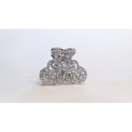 Small shiny silver metal butterfly hair claw clip with crystals