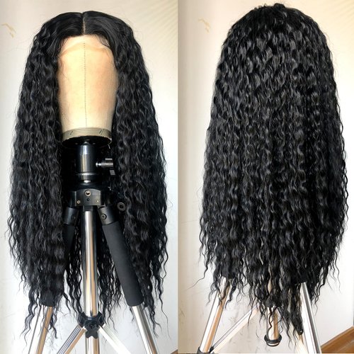 RunM Black Curly Lace Front Wigs for Black Women, HD Glueless 13X4X1 Long Curly Lace Front Wig with Baby Hair Synthetic Lace Front Wigs 26 Inch(Black)