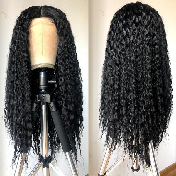 RunM Black Curly Lace Front Wigs for Black Women, HD Glueless 13X4X1 Long Curly Lace Front Wig with Baby Hair Synthetic Lace Front Wigs 26 Inch(Black)