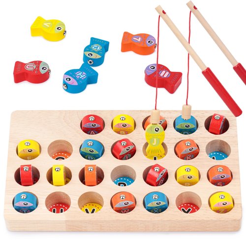 LovesTown Wooden Magnetic Fishing Game for Toddlers, Fine Motor Skill Toy ABC Alphabet Color Sorting Puzzle, Montessori Letters Cognition Preschool Gift for 3 4 5+ Year Old Kids