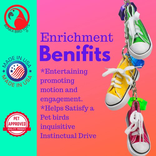 Bonka Bird Toys 2333 Sneaker Chain Chew Forage Shred Acrylic Rings Laces Aglets Cockatiel Parakeet Conure and Other Similar Sized Birds Made in The USA