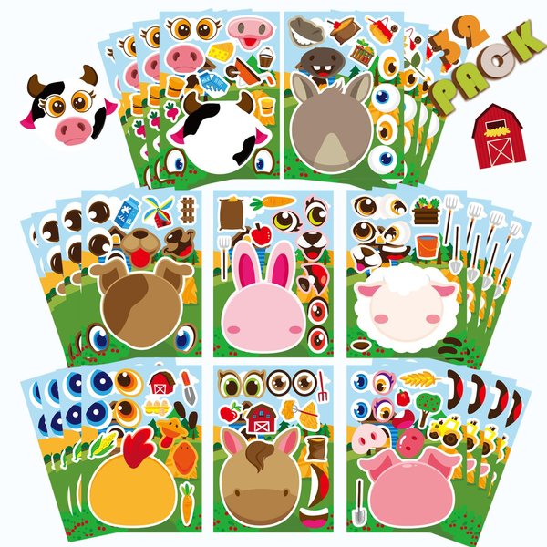 36 Sheets Farm Animal Make a Face Stickers Sheets for Kids, Make Your Own Sticker DIY Farm Animal Stickers for Kids Farm Themed Birthday Party Favor Supplies Craft