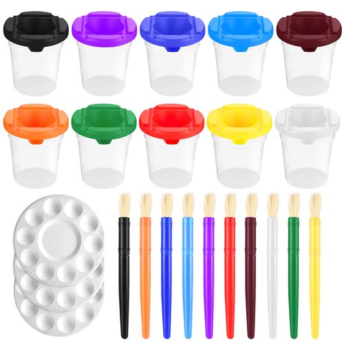 Homkare Paint Cups with Lids for Kids, No Spill Paint Cups with Lids, Paint Container with Lids Including Toddler Paint Brushes & Palette Tray (Pack of 23)