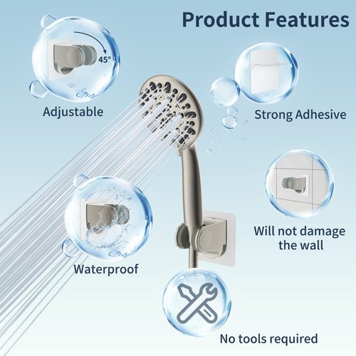 Hibbent 2 Pack Shower Head Holder, Strong Adhesive and Waterproof Handheld Shower Holder, Shower Head Bracket, Height Adjustable Shower Wand Holder, Wall Mount, No Drilling, Brushed Nickle