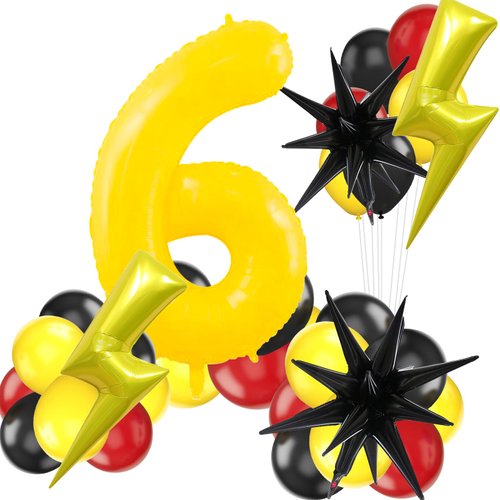 Red Black Yellow Number 6 Balloon Kit for Kids Party, 6 Balloon Cartoon Birthday Party Decorations, 6 Balloon Number for Kids Cartoon Birthday Party Decorations Supplies