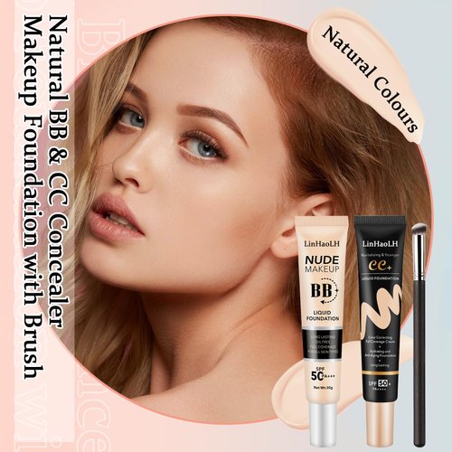 Full Coverage Concealer Foundation,Oil Control Long Lasting Lightweight BB Cream Tinted Face Moisturizer with SPF 50+ PA+++,Moisturizing CC Cream Liquid Foundation Makeup Brush Set（2 Pack）