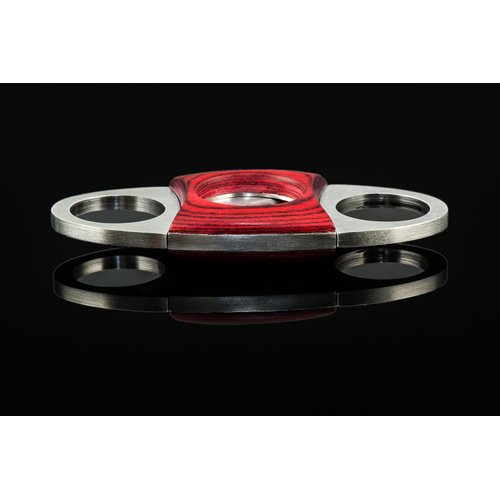 DOS CABALLOS CIGARS RED WOOD VEE HANDLE STAINLESS STEEL CIGAR CUTTER WITH SELF SHARPENING BLADES.