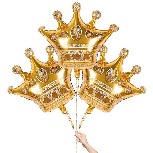 3Pcs Crown Gold Foil Balloon Decorations - Crown Shape Balloons Gold Birthday Decorations Gold Foil Balloons for Party Decor - Gold Crown Royal Prince Birthday Party Decoration Gold Balloons