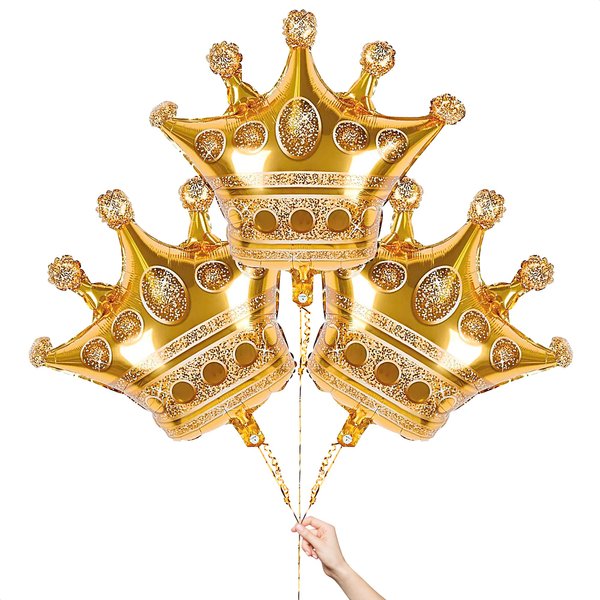3Pcs Crown Gold Foil Balloon Decorations - Crown Shape Balloons Gold Birthday Decorations Gold Foil Balloons for Party Decor - Gold Crown Royal Prince Birthday Party Decoration Gold Balloons