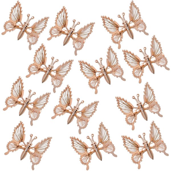 Kachanaa 12 Pcs 3D Metallic Hollow Butterfly Hair Pins for Women - Cute Moving Barrettes, Claw Clips for Girls (Rose Gold)
