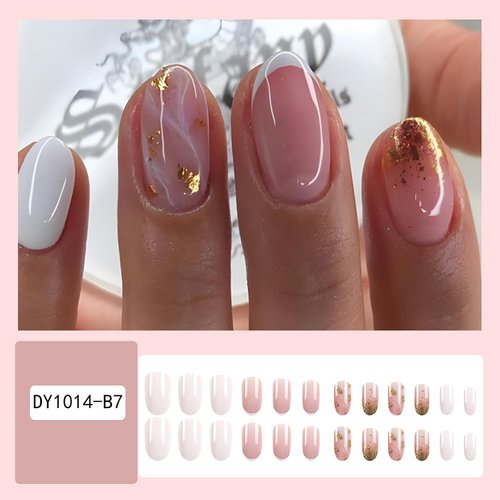 French Tip Press on Nails Short Round Head Almond Fake Nails with Gold Foil Design Full Cover Glue on Nails Pink Acrylic False Nails Glossy Stick on Nails for Women Girls DIY Nail Decorations
