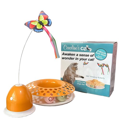 Caroline's Cats Automatic Butterfly Cat Toy – 2 in 1 Cat Toy Auto Shut Off & Catnip Ball Track; Recommended Cat Enrichment Toy