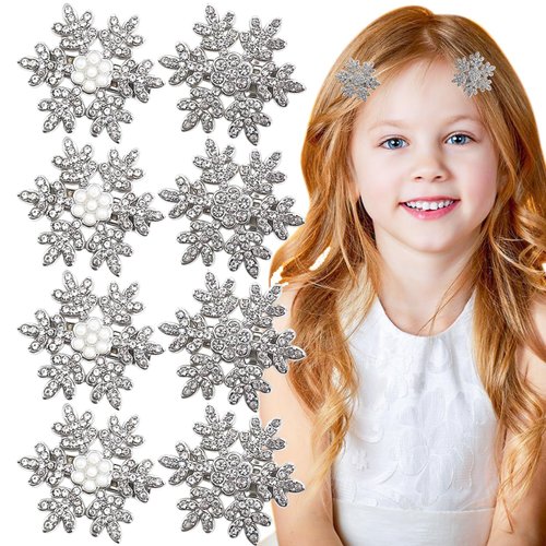 12PCS Rhinestone Snowflake Hair Clips, Mini Pearl Hair Barrettes, Christmas Hair Clips for girls, Small Silver Metal Alligator Clips for Long Thick Hair Christmas Snowflake Hair Accessories for Women