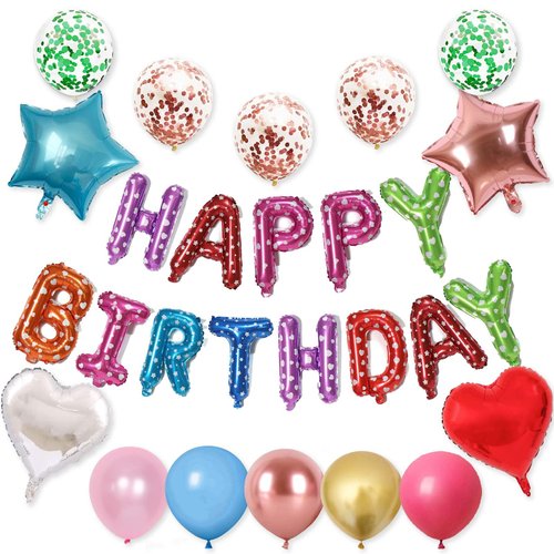 WEIKA 27 Pcs Rainbow Birthday Decorations, 3D Foil Rainbow Happy Birthday Balloon Banner, Pentagram Heart Foil Balloons Confetti Balloons Kit For Boys Girls Birthday Party Supplies
