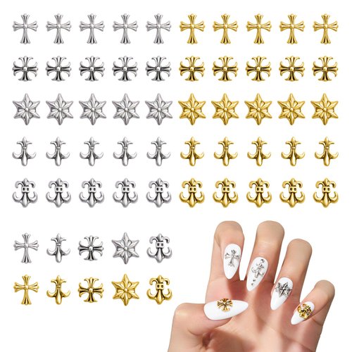 Beetles Nail Charms 60Pcs Cross Nail Decorations for Acrylic Nails 3D Nail Art Vintage Punk Metal Alloy Gold Silver Design Gel Polish Supplies Accessories…