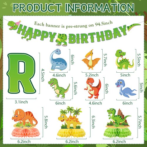 Hokinaa Dinosaur Birthday Party Decorations - 10 Pcs Watercolor Dinosaur Happy Birthday Banner Hanging Swirl Streamer Honeycomb Centerpieces Dino Theme Party Decorations Supplies for Boys Girls