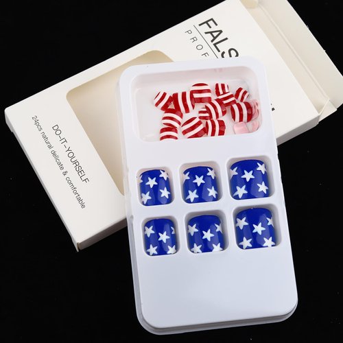ROFIBUT 4th of July Press on Toenails Short Square Fake Toe Nails Glossy Independence Day False Nails with Blue Star Design Patriotic Cute Red White Full Cover Stick on Toenails for Women Girls 24Pcs