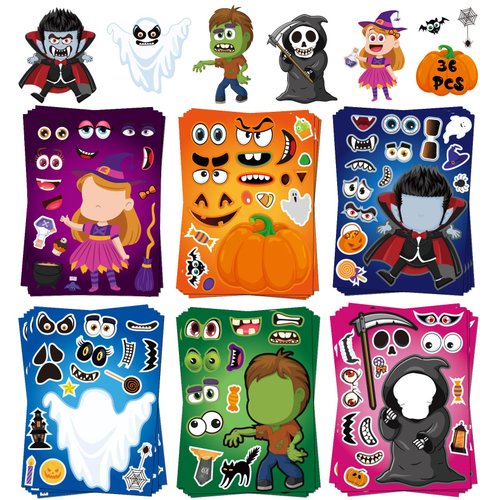 GYGOT 36 Sheets Halloween Stickers for Kids,Halloween Party Favors Stickers,Halloween Craft for Kids Classroom,Halloween Face Stickers for Games Activities Supplies