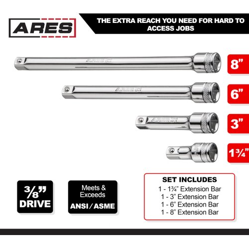 ARES 70244-4-Piece 3/8-Inch Drive Socket Extension Set - Includes 1 3/4-Inch, 3-Inch, 6-Inch and 8-Inch Extensions - Premium Chrome Vanadium Steel with Mirror Finish