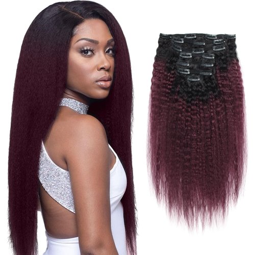 AmazingBeauty 8A Kinkys Straight Ombre Virgin Hair Clip on Extensions, Double Weft Real Remy Human Hair for Black Women, Natural Black Fading into Cherry Wine, 7 Pieces, 120 Grams, KS TN-99J, 14 Inch