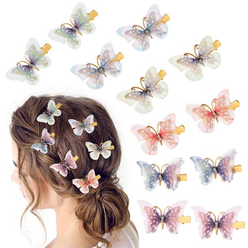 Nogeqi 12 Pcs Small Butterfly Clip with Rhinestones Glitter Hair Clips Butterfly Colorful Hair Cl...